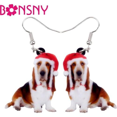 Bonsny Acrylic Sweet Christmas Basset Hound Earrings Big Long Dangle Drop Gifts for Women Girls Ladies Teens Animal Jewelry Bulk