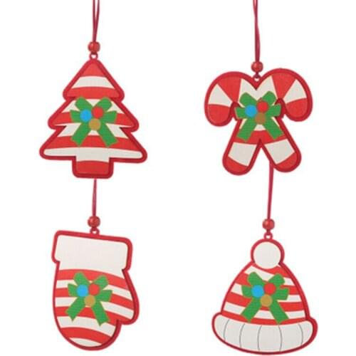 DIY Red Christmas Tree Gloves Cane Hat Red Non Woven Wood Chip Printing Pendant Home Decoration Accessories Fairy Garden