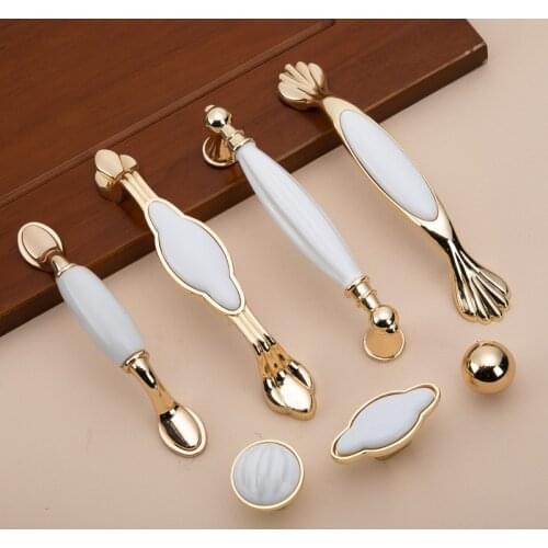 JD Cabinet Door Knob Furniture Handle Wardrobe Ceramic European Modern Simple Golden Zinc Alloy 96mm