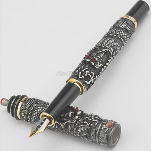 Jinhao Ancient Fountain Pen Grey Tower Cap Small Double Dragon Playing Pearl Metal Carving Embossing Heavy Pen Gift For Writing