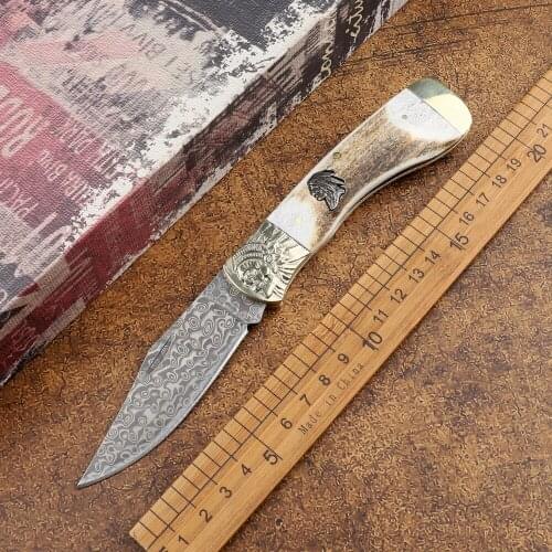 Pocket Damascus Steel Antler Handle Fruit Folding Knife Outdoor Tactical Camping Hunting Kitchen Sharp Multifunctional EDC Tool