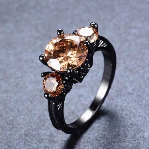 Vintage Female Champagne Crystal Stone Jewelry Dainty 14KT Black Gold Wedding Rings For Women Charm Round Zircon Engagement Ring