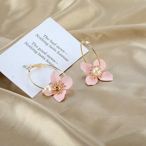 Small Fresh Pink Flower Circle Earrings Female Exaggerate Pearl Big Round Gold Color Hoop Earrings Jewelry
