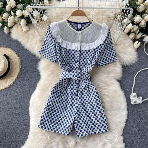 Fashion Trend Design Mosaic Plaid Jumpsuit Summer New High quality Embroidery Ruffles Short Sleeve Slim Wide-leg Romper Overalls