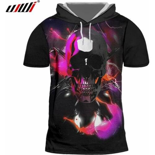 UJWI Hooded Tshire Men'd 2019 New Colorful skull 3D printed Handsome casual punk rock short sleeve t-shirt