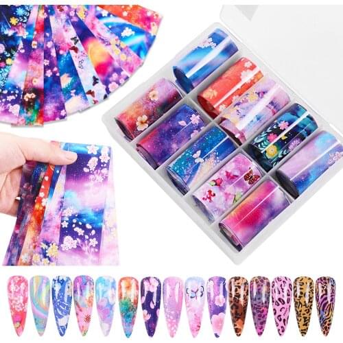 10roll/ box Flower DIY Transfer Foil Nail Art Stickers Starry Paper Leopard Skin Print UV Gel Wraps Adhesive Decals