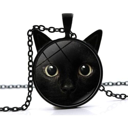 Cute Big Eyes Black Cat Necklace Cat Photo Glass Cabochon Pendant with Two Ears Long Chain Necklace for Women Vintage Jewelry