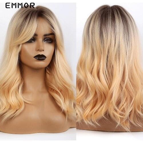 EMMOR Natural Wave Black to Light Blonde Hair Wig with Bangs for Black White Women Daily Use fluffy Synthetic Ombre Wigs