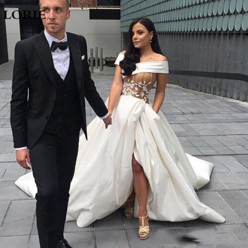 Lorie Satin Wedding Dresses Off The Shoulder Bride Dresses Vestido de novia Side Split Boho Wedding Gown For Women Custom Made
