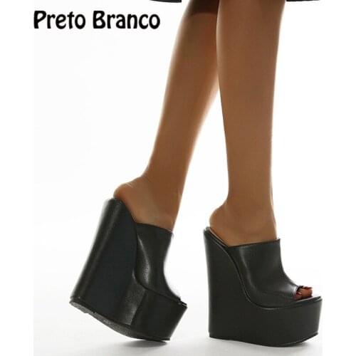 PRETO BRANCO Summer Fashion Thick-soled 18Cm Wedge Sandals Black Shallow Mouth Fish Mouth Large Size Womens Shoes ZL