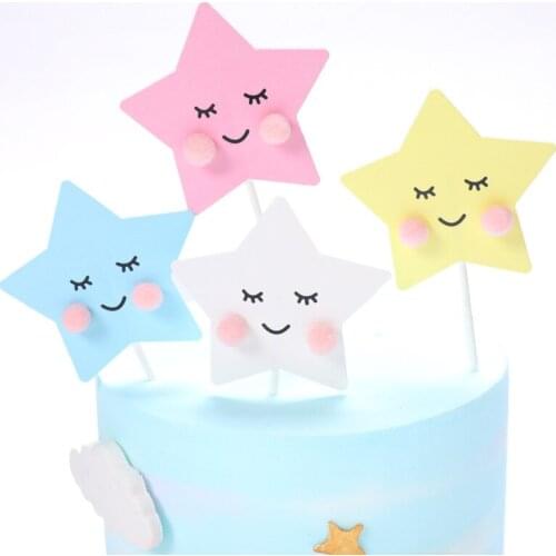 Simple hair ball smiley five-pointed star cake topper happy birthday cake cup decoration baby shower wedding supplies