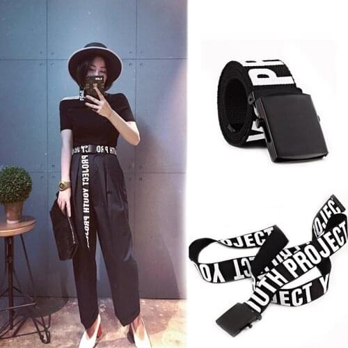 Punk Women Canvas Belt Letter Printed Alloy Smooth buckle Long Cloth Waist Strap Women Men Black Waistband For Jeans Trouser