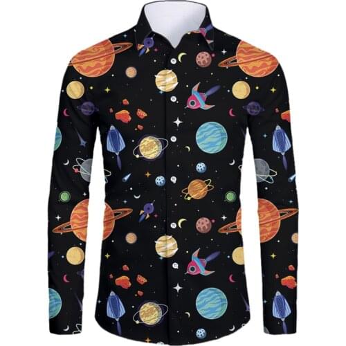 OGKB Fashion Mens 3D Space Planet Print Long Sleeve Shirt Summer Sublimation Print Polyester Party Holiday Shirt Oversize 6XL