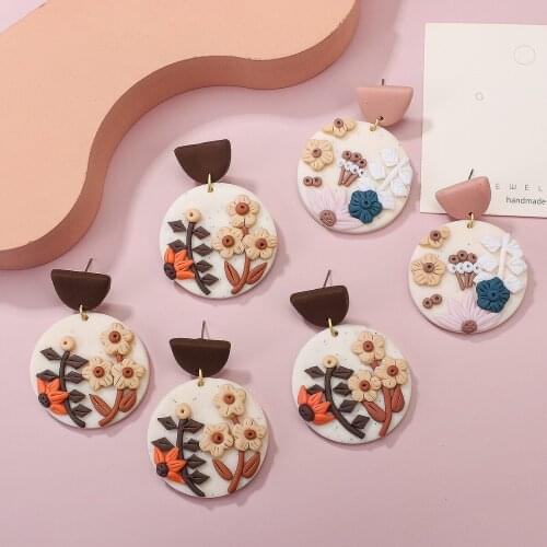 Lifefontier Multiple Romantic 3D Flowers Drop Earrings Geometric Round Square Clay Korean Dangle Earrings For Women Jewelry