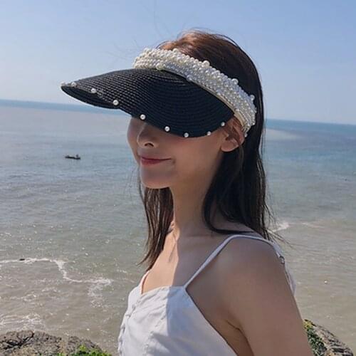 Summer Women Pearl Headband Hat Visor Caps For Girls Beach Hats Braided Fashion Cap Lady Summer Straw Sun Hat