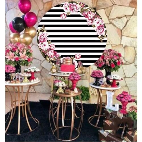 Wedding Flower Backdrop Bridal shower party decor floral baby shower black white stripe circle panel round plinth background Y06