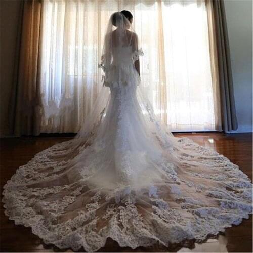 Two Layers Wedding Veils 3 Meters Long Cathedral Length Lace Appliqued Real Image Tulle Bridal Veil With Combs
