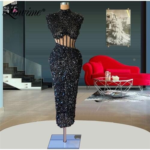 Sequined Floor Length Formal Evening Dresses 2021 Black Red High Neck Party Gowns For Weddings Plus Size Cheap Prom Evening Wear