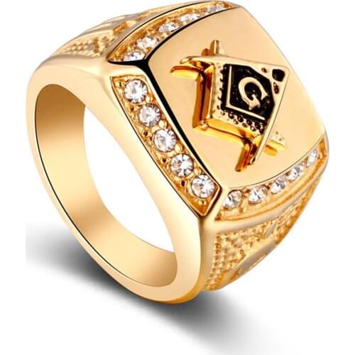 Vintage Freemason Masonic Ring Men Shiny CZ Crystal FreeMason Signet Ring Punk Gold Rings For Women Man Punk Jewelry bague homme