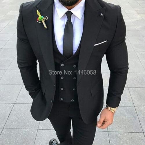 High Quality Formal Black Men Suits for Wedding Slim Fit Groom Tuxedo Men Double Breasted Vest Groomsmen Mens Prom Party Suit