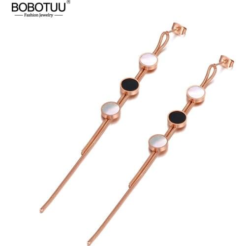 BOBOTUU Trendy 316L Stainless Steel Acrylic Shell Tassel Drop Earrings For Women Bohemia Chain Dangle Earrings Jewelry BE20064