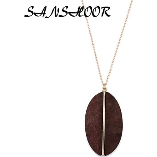 SANSHOOR Bohemian Woman Necklace Geometric Wood Charm Pendant Long Sweater Alloy Chain Necklace Fashion Clothes Accessories