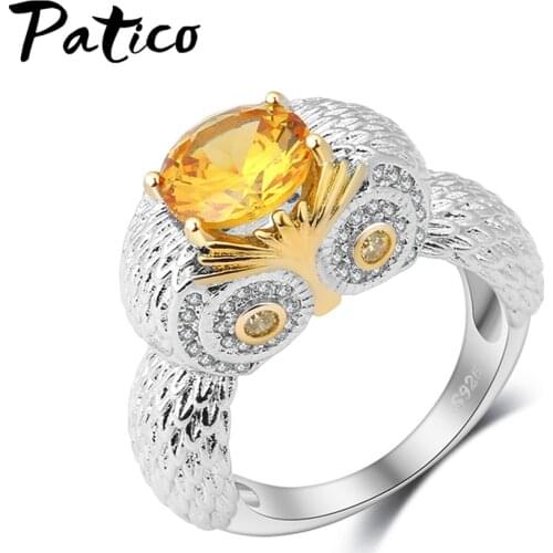 Vintage 925 Sterling Silver Night Owl Charms Rings for Female Yellow Oval Crystal Cubic Zircon Stone Jewelry Bague