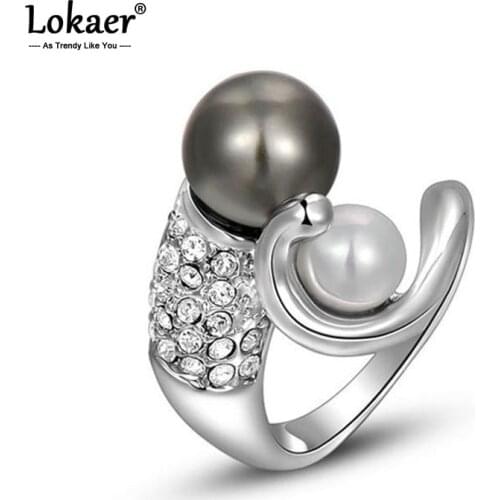 Lokaer Fashion White & Black Double Simulated Pearl Ring Bohemia Style Rhinestone Party Ring For Women Girls L2010204330