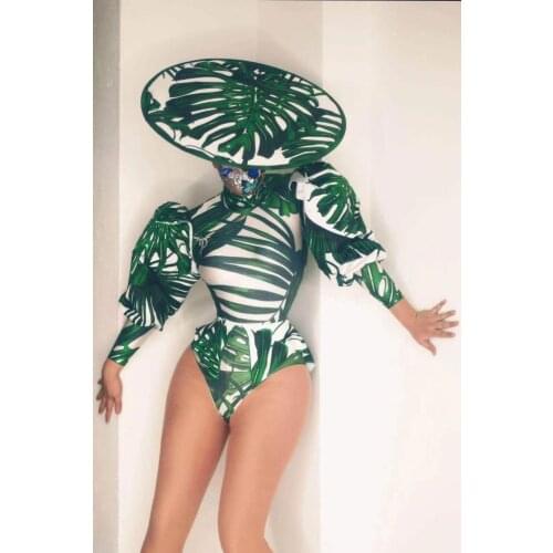 Gold party girl show outfit Green leaves dance bodysuit women nighclub bar dancer costume