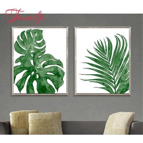 2pcs/set,Green decor,tropical art,palm leaf,5D DIY Diamond Painting,Full Square Diamond Cross Stitch,Rhinestone Mosaic Painting