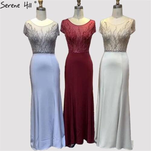 Champagne Satin Sleeveless Mermaid Prom Dresses 2020 O-Neck Beading Diamonds Sexy Party Gowns Serene Hill BLA70118