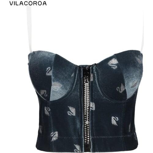 Velvet Link Diamond Stitching Tube Top Corset Women Spaghetti Zipper Skinny Cropped Tops Stage Wear High Street Tank Tops Female