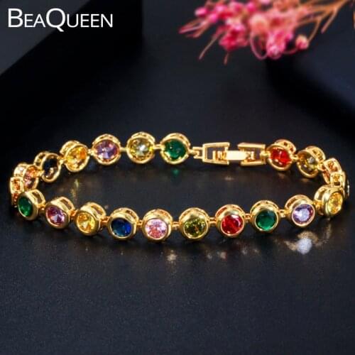 BeaQueen Stylish Dubai Yellow Gold Color Lovely Rainbow Colorful Round Cubic Zirconia Tennis Bracelets Jewelry for Women B178
