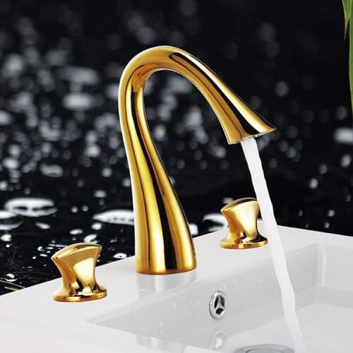 Free ship Modern 3 Hole Brass Taps Sleek Design Widespread Bathroom Vessel Sink Faucet TI-GOLD