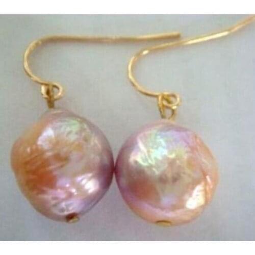 Free Shippng Baroque SOUTH SEA PINK NUCLEAR PEARL DANGLE EARRING 14k