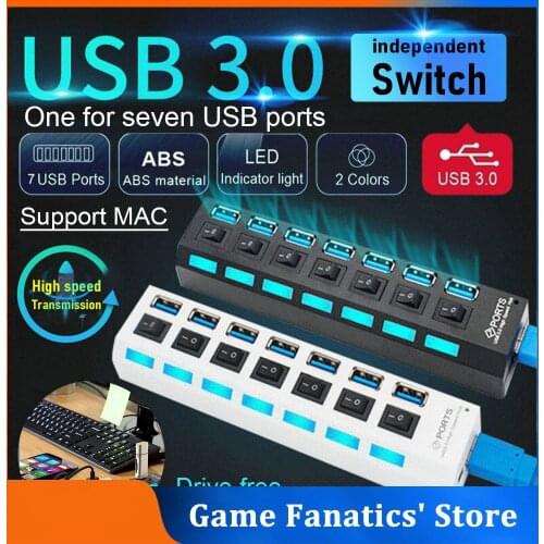 USB 3.0 Hub 5Gbps 480 High Speed Multi USB Splitter Use Power Adapter 7 Port Multiple Expander Hub With Switch For PC Laptop