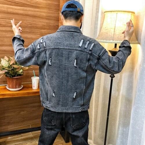 Men Cotton Coats Streetwear Hip Hop Newly Designer Fashion Men Jackets Black Gray Destroyed Ripped Denim Jackets