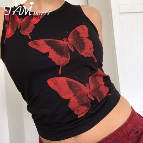 Harajuku Y2K Butterfly Print Tank Top Tee Women Vintage Aesthetic Sleeveless Cotton Cami Summer Black Cute Crop Corset Iamhotty