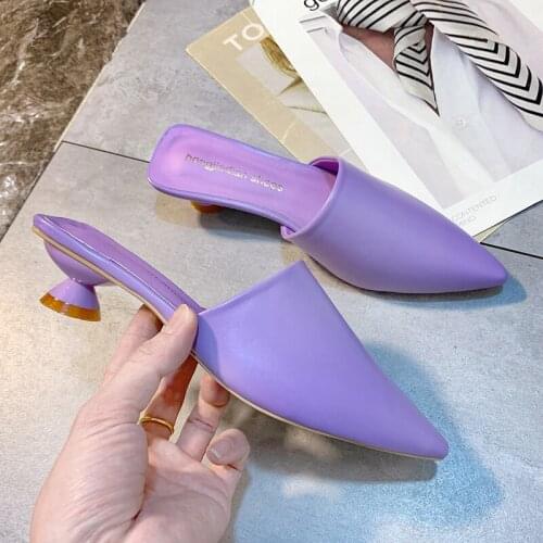 Fashion Pointed Toe Color Half Slippers Female New Outer Wear Female Student Sandals Baotou Solid Color Half High Heels Shoes