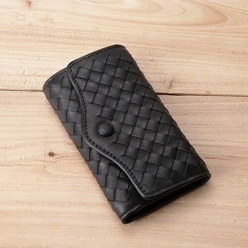 Fashion natural real cowhide woven key case for men and women black key top layer cowhide multi-function can enlarge banknotes