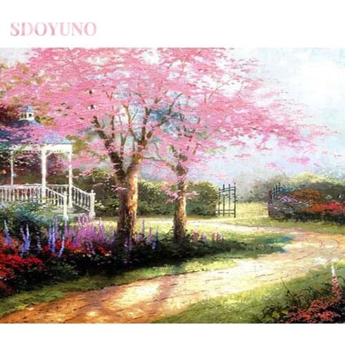 SDOYUNO diy frame oil painting by numbers for adults Cherry Blossom Road landscape pictures by numbers on canvas art HandPainted