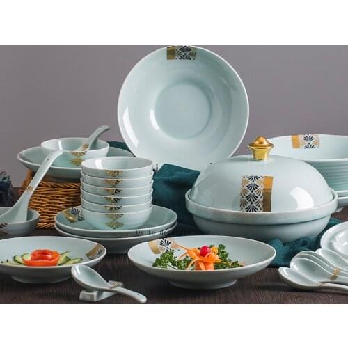 Dishes Set Home Chinese minimalist Jingdezhen shadow green tableware set tracing gold green glazed ceramic bowl combination