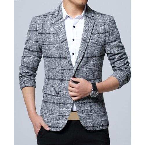 2021 Fashion Men Plaid Lapel Blazers Casual Business Suit Jacket Long Sleeves Slim Blazer Jacket Coat One Button Business Suit