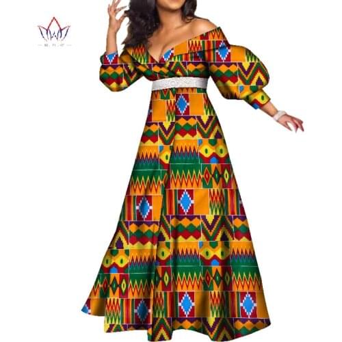 African Dresses for Women Bazin Riche Wax Print Evening Long Dresses Dashiki African Clothes V-neck Latern Sleeve Dresses WY4003