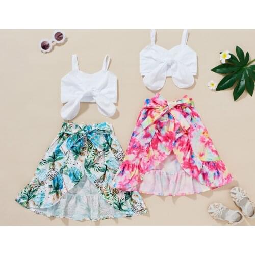 Toddler Infant Girls Casual Two-piece Clothes Set White V-neck Sleeveless Tops + Irregular Hem Ruffles Skirt Children Outwear
