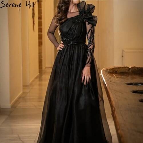 Serene Hill Black Satin A-Line Evening Dresses Gowns 2021 Beaded Sexy For Woman Wedding Party LA71213