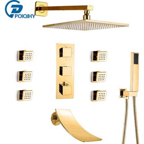 POIQIHY Golden Shower Set Thermostatic Shower Mixer Faucet Brass Massage Jet Waterfall Bath Shower Faucet Concealed Faucet Tap