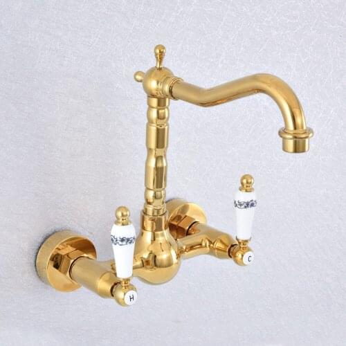 Bathroom Faucet Gold Color Brass Kitchen Mixer Tap Faucet Wall Mounted Dual Handle Hot And Cold Taps Nsf610