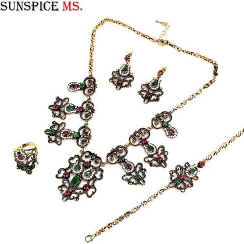 Sunspicems Retro Gold Color Turkish Jewelry Sets Flower Earring Necklace Ring Bracelet Ethnic Wedding Bijoux Bohemia Bride Gift