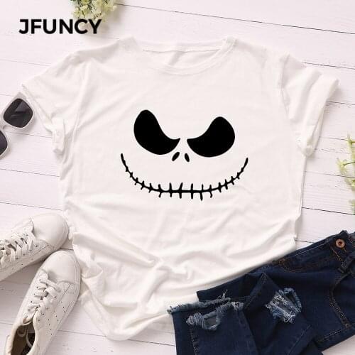 JFUNCY Halloween Evil Print Women T-shirts Female Short Sleeve Tee Tops Plus Size Woman Casual Tshirt 2020 Summer Cotton T Shirt
